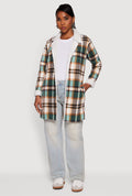Plaid Sherpa Lined Fleece Collared Open Front Long Jacket