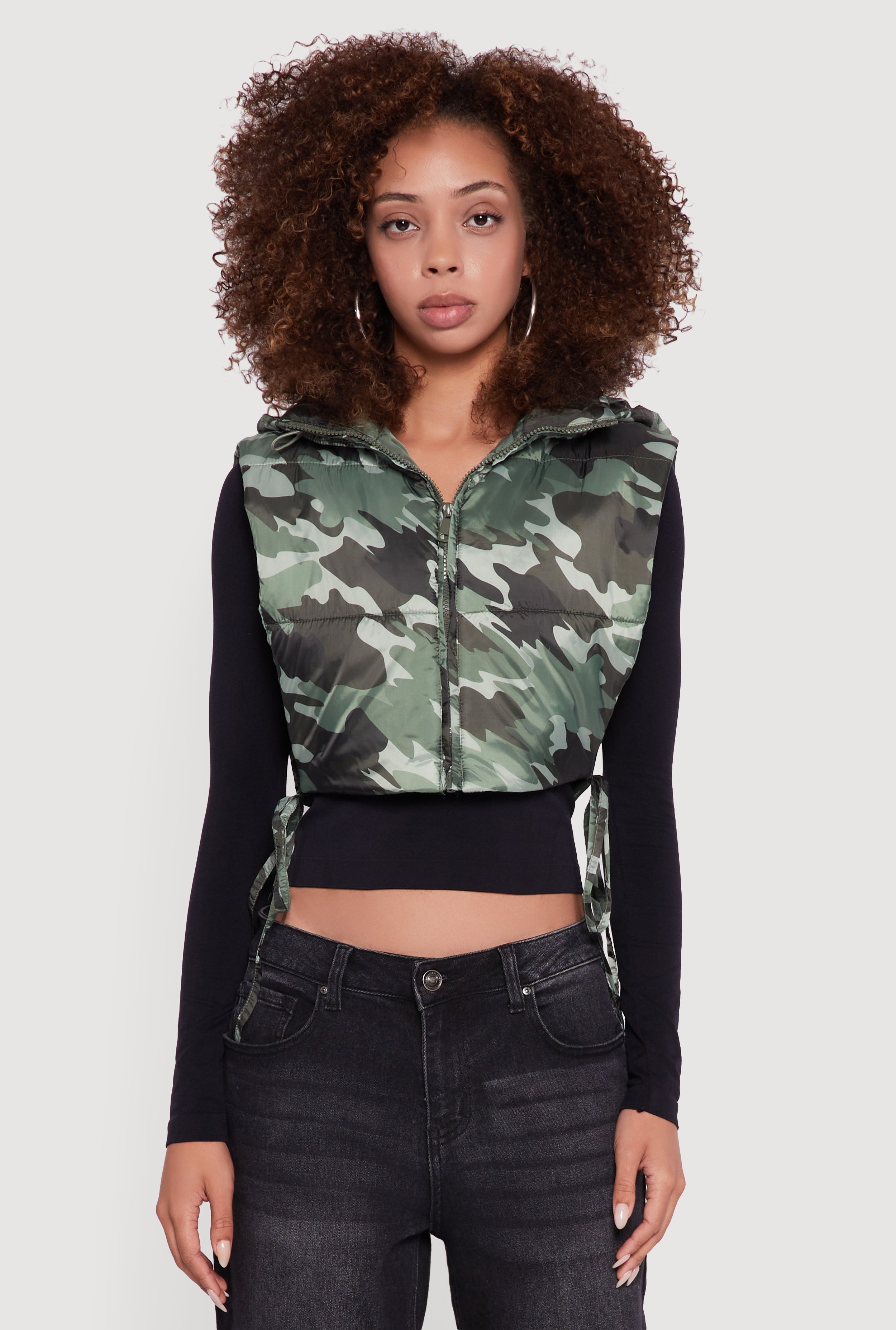 Hooded Cropped Puffer Vest with Open Tie Sides