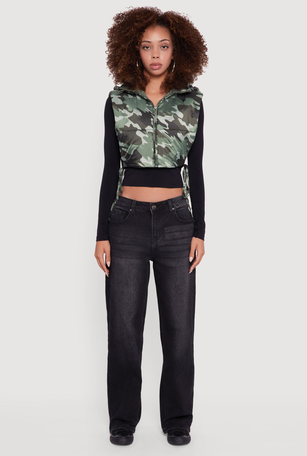 Hooded Cropped Puffer Vest with Open Tie Sides