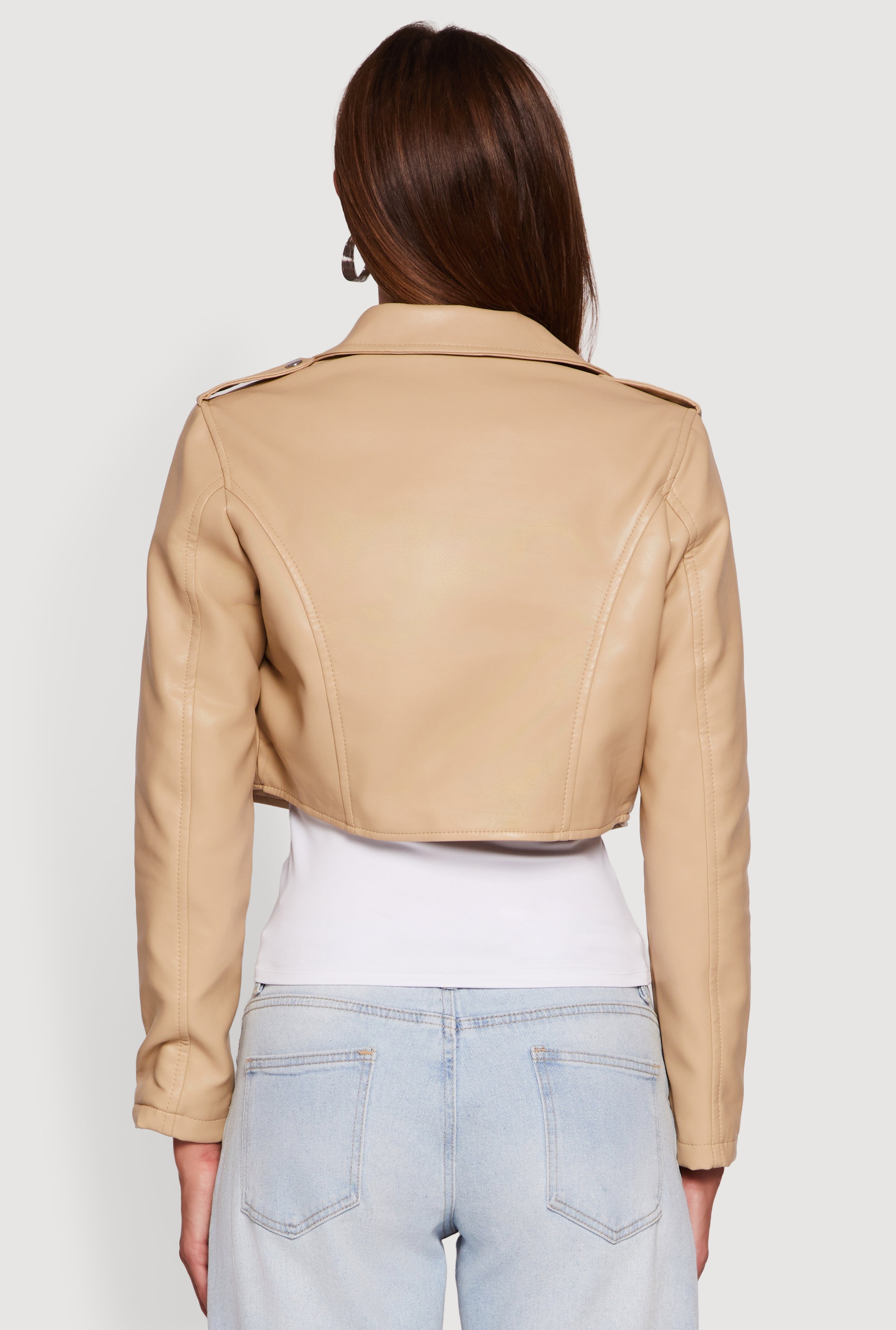 Faux Leather Long Sleeve Cropped Moto Jacket