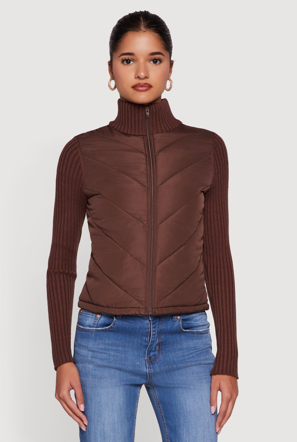 Quilted Puffer Jacket with Ribbed Knit Sleeves